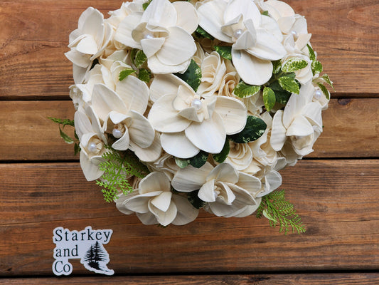 Phalaenopsis Orchid Wedding Bouquet with Boutonniere. Sola Wood Flower Brides Bouquet and Grooms Boutonniere