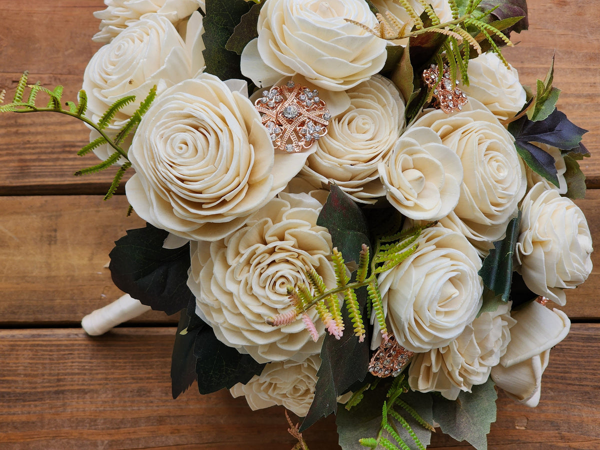 Ivory Sola Wood Bridal Bouquet with Rose Gold Rhinestone Brooches & Boutonniere READY TO SHIP