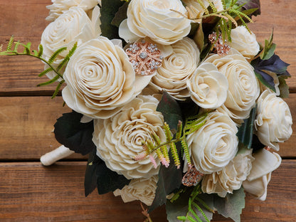 Ivory Sola Wood Bridal Bouquet with Rose Gold Rhinestone Brooches & Boutonniere READY TO SHIP