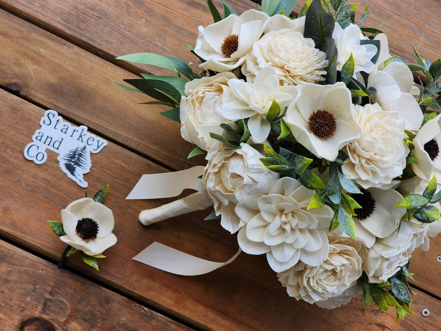 Sola Wood Flower Wedding Bouquet with Boutonniere: Garden Theme Keepsake. Sola Wood Flower Brides Bouquet and Grooms Boutonniere