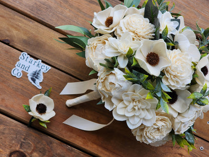 Sola Wood Flower Wedding Bouquet with Boutonniere: Garden Theme Keepsake. Sola Wood Flower Brides Bouquet and Grooms Boutonniere