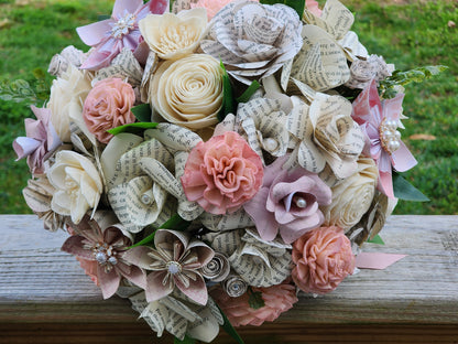 Pink, Blush and Ivory Sola Wood Flower Bridal Bouquet & Boutonniere, Book Page Wedding Flowers, Romantic Keepsake Wedding Bouquet