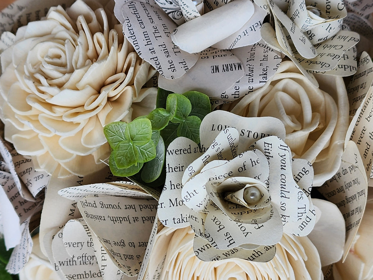 Book Page and Sola Wood Flowers, Wedding Bouquet & Boutonniere, Literary Bridal Bouquet, Book Lover Wedding Flowers, Rustic Wedding Bouquet