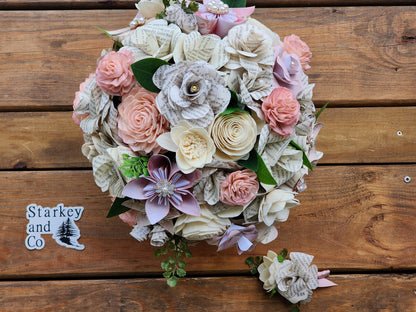 Pink, Blush and Ivory Sola Wood Flower Bridal Bouquet & Boutonniere, Book Page Wedding Flowers, Romantic Keepsake Wedding Bouquet