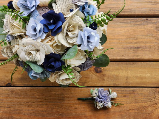 Storybook Inspired Garden style Brides Bouquet with a matching Boutonniere in Navy and Shades of Gray