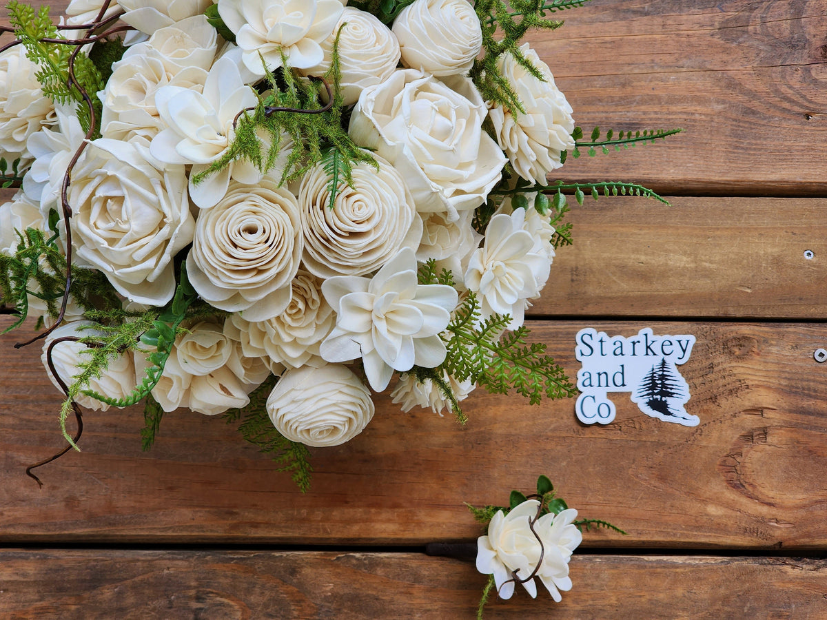 Ivory Sola Wood Flower Wedding Bouquet with Boutonniere. Sola Wood Flower Brides Bouquet and Grooms Boutonniere