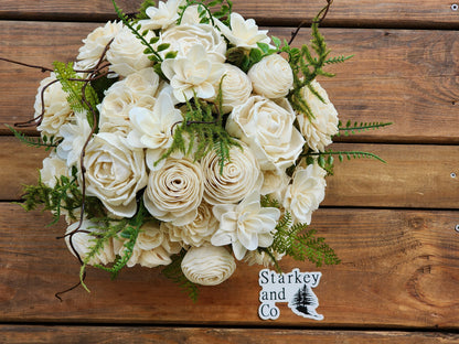 Ivory Sola Wood Flower Wedding Bouquet with Boutonniere. Sola Wood Flower Brides Bouquet and Grooms Boutonniere