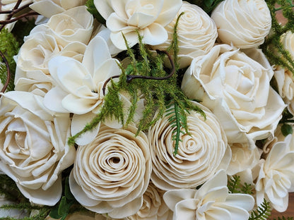 Ivory Sola Wood Flower Wedding Bouquet with Boutonniere. Sola Wood Flower Brides Bouquet and Grooms Boutonniere