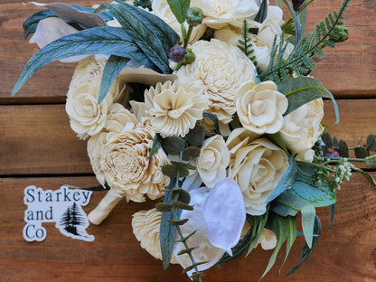 Ivory Sola Wood Flower Wedding Bouquet with Boutonniere- READY TO SHIP