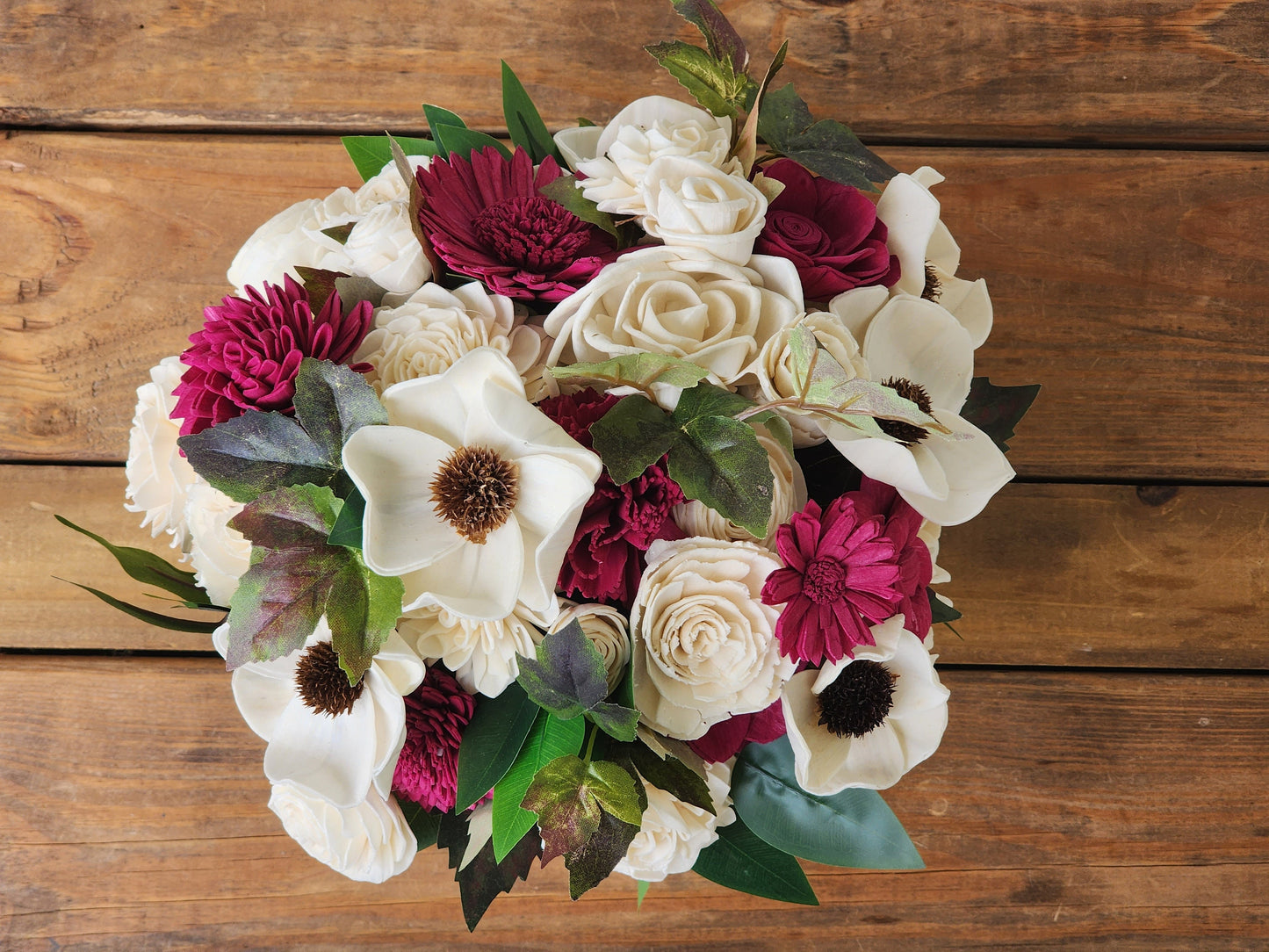 Winery Wedding Bouquet: Ivory & Burgundy Sola Wood Flowers with Boutonniere. Sola Wood Flower Brides Bouquet and Grooms Boutonniere