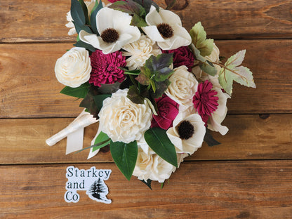 Winery Wedding Bouquet: Ivory & Burgundy Sola Wood Flowers with Boutonniere. Sola Wood Flower Brides Bouquet and Grooms Boutonniere