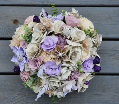 Storybook Inspired Brides Bouquet with a matching Boutonniere in Shades of Purple