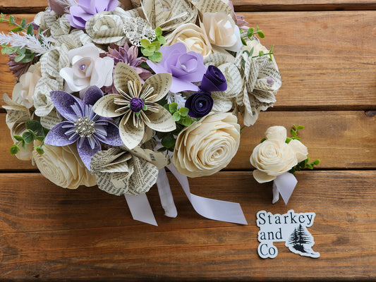 Storybook Inspired Brides Bouquet with a matching Boutonniere in Shades of Purple