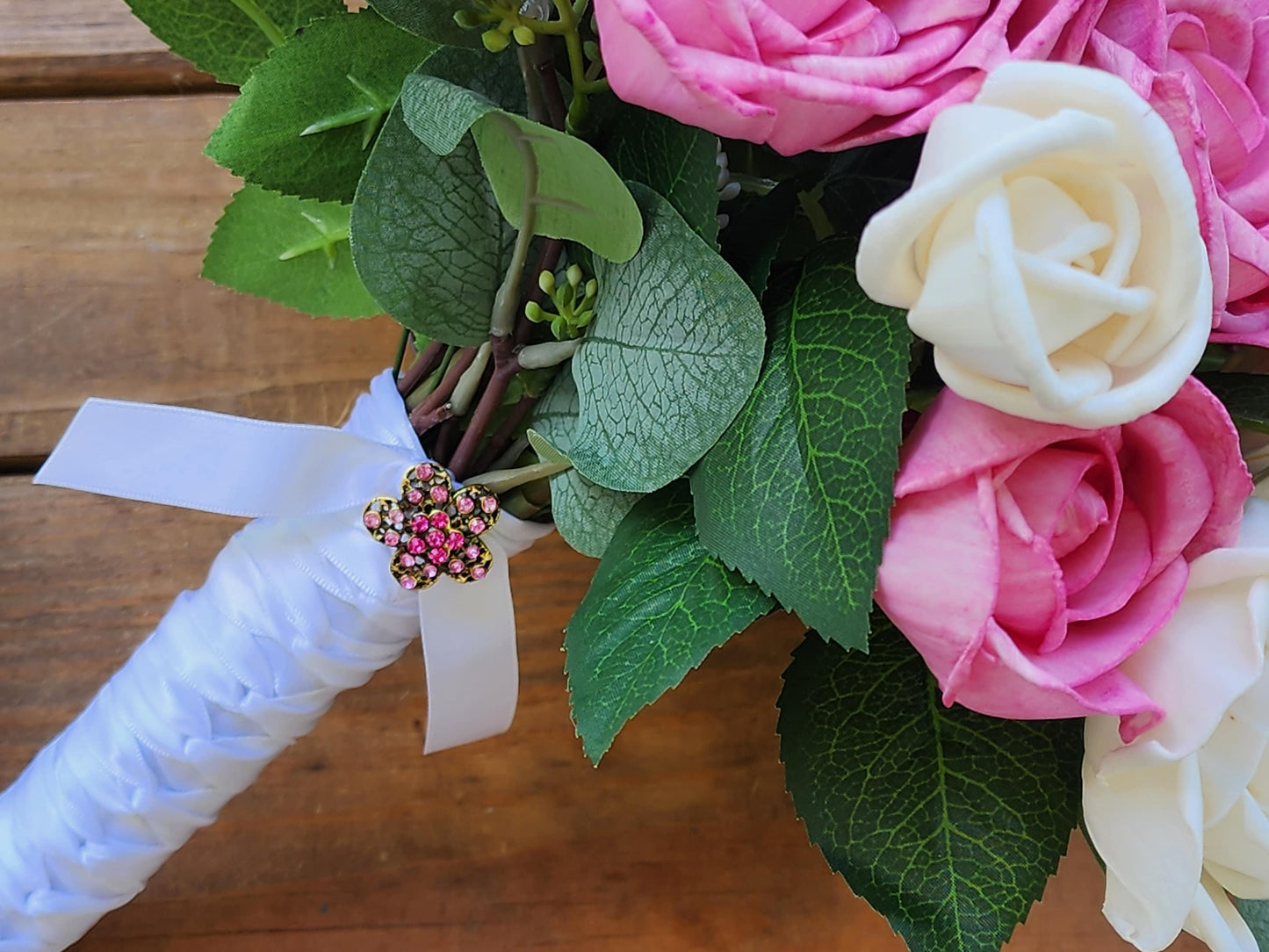 Sola Wood Flower Bridal Bouquet with Boutonniere: Pink & Ivory Roses. Sola Wood Flower Brides Bouquet and Grooms Boutonniere READY TO SHIP