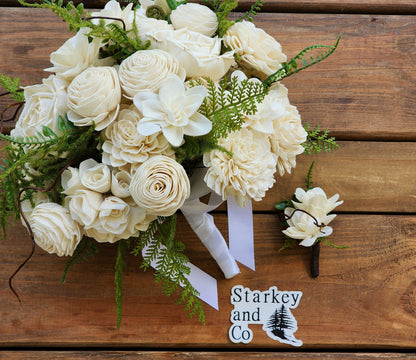 Ivory Sola Wood Flower Wedding Bouquet with Boutonniere. Sola Wood Flower Brides Bouquet and Grooms Boutonniere READY TO SHIP