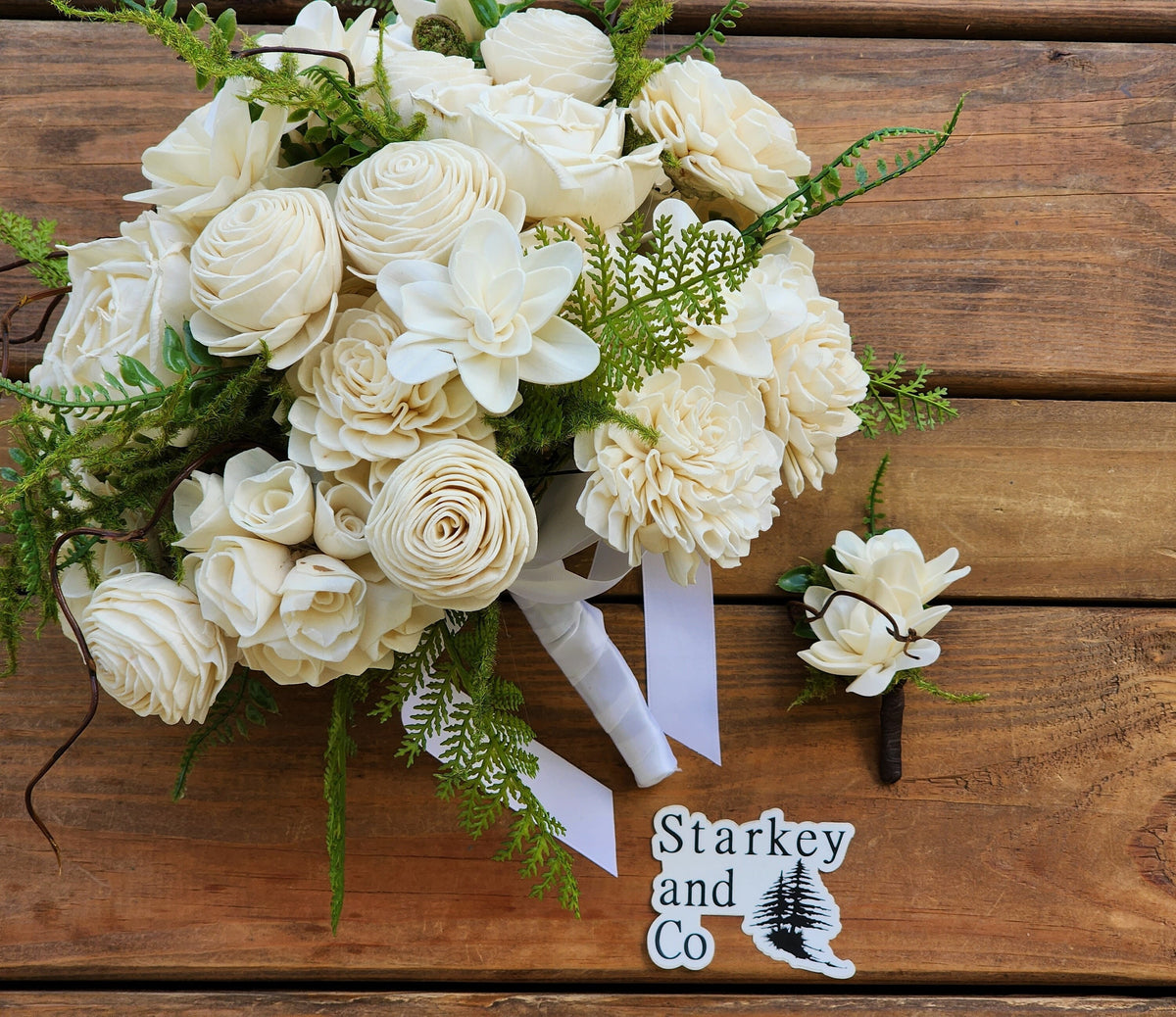 Ivory Sola Wood Flower Wedding Bouquet with Boutonniere. Sola Wood Flower Brides Bouquet and Grooms Boutonniere
