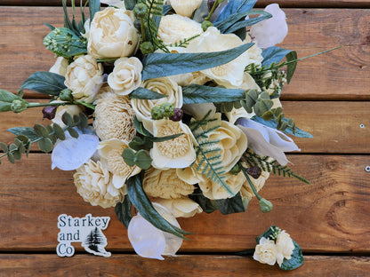 Ivory Sola Wood Flower Wedding Bouquet with Boutonniere- READY TO SHIP