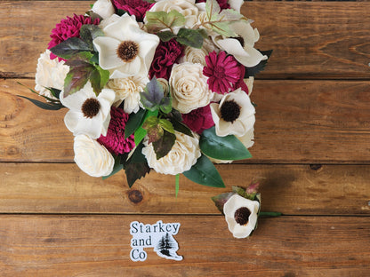 Winery Wedding Bouquet: Ivory & Burgundy Sola Wood Flowers with Boutonniere. Sola Wood Flower Brides Bouquet and Grooms Boutonniere