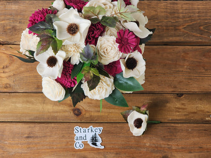 Winery Wedding Bouquet: Ivory & Burgundy Sola Wood Flowers with Boutonniere. Sola Wood Flower Brides Bouquet and Grooms Boutonniere