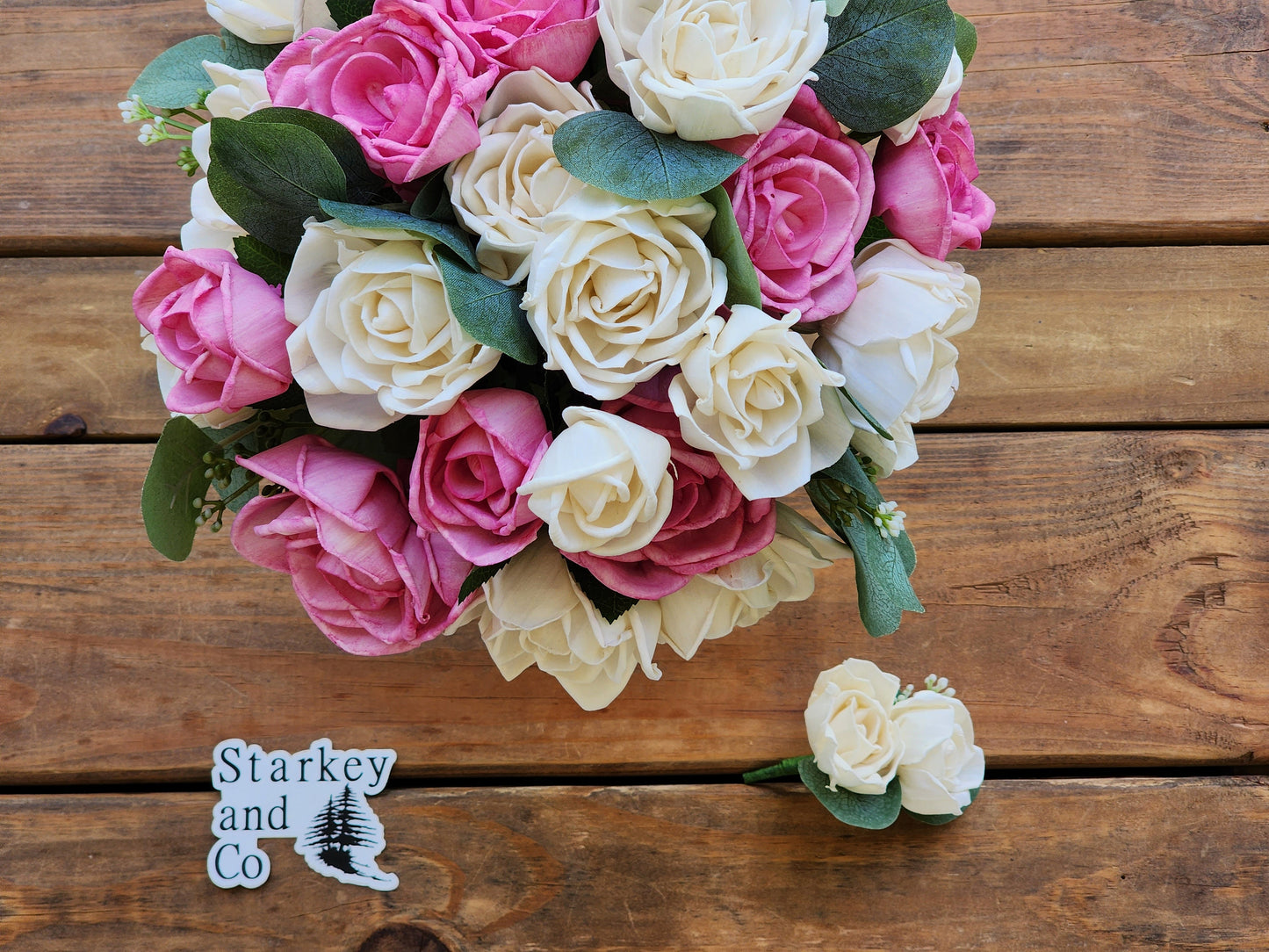 Sola Wood Flower Bridal Bouquet with Boutonniere: Pink & Ivory Roses. Sola Wood Flower Brides Bouquet and Grooms Boutonniere READY TO SHIP