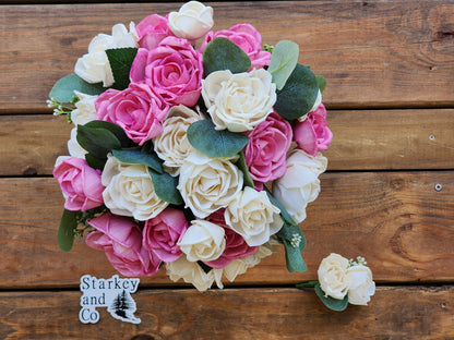 Sola Wood Flower Bridal Bouquet with Boutonniere: Pink & Ivory Roses. Sola Wood Flower Brides Bouquet and Grooms Boutonniere READY TO SHIP