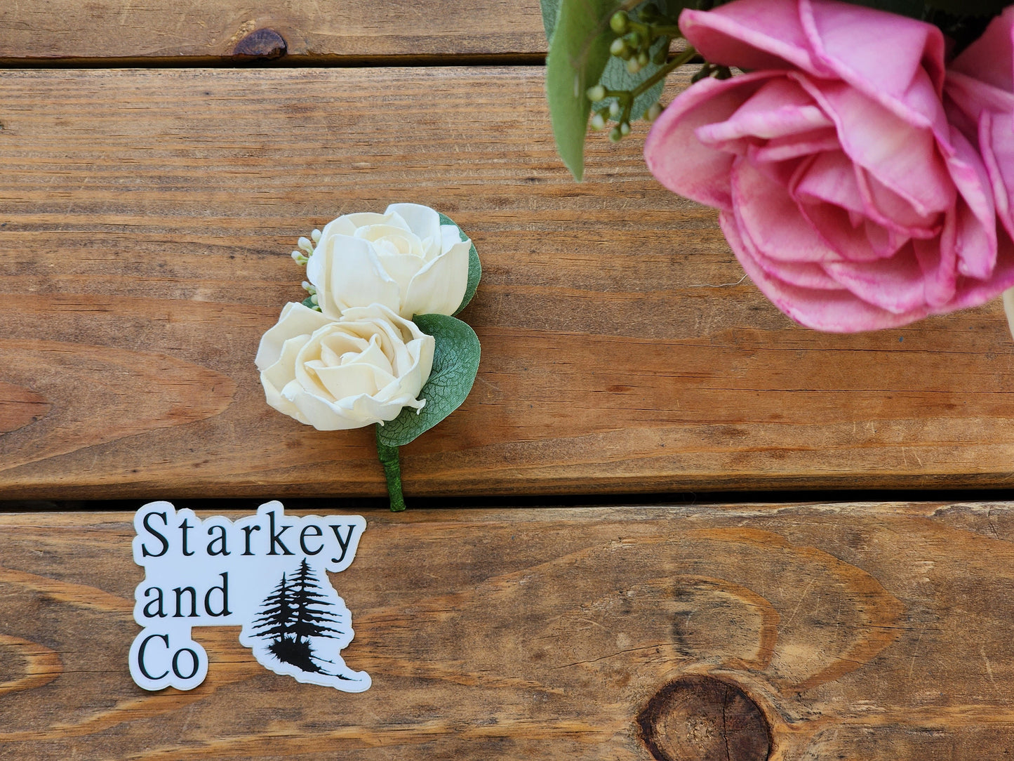Sola Wood Flower Bridal Bouquet with Boutonniere: Pink & Ivory Roses. Sola Wood Flower Brides Bouquet and Grooms Boutonniere READY TO SHIP
