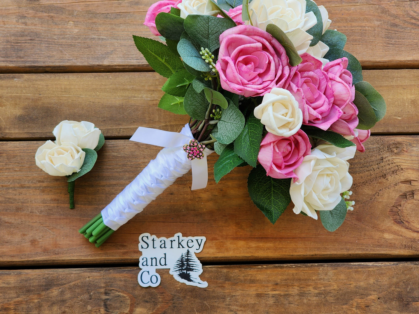 Sola Wood Flower Bridal Bouquet with Boutonniere: Pink & Ivory Roses. Sola Wood Flower Brides Bouquet and Grooms Boutonniere READY TO SHIP