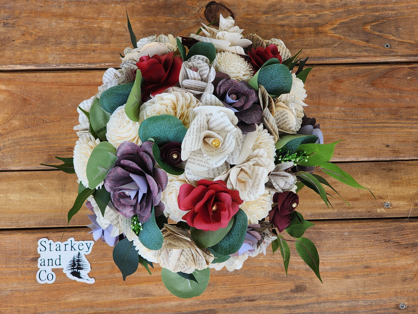 Storybook Theme Rustic Brides Bouquet with a matching Boutonniere in Shades of Red, Deep Red and Burgundy