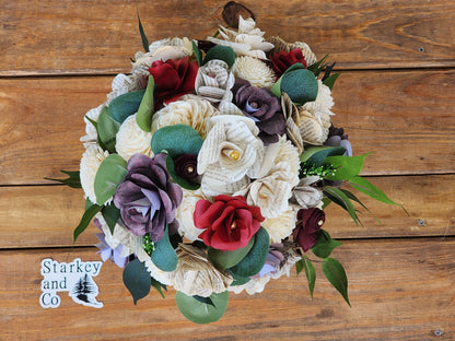 Storybook Theme Rustic Brides Bouquet with a matching Boutonniere in Shades of Red, Deep Red and Burgundy