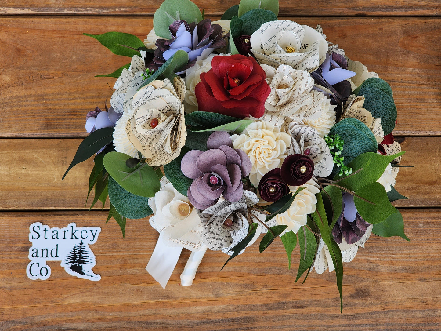 Storybook Theme Rustic Brides Bouquet with a matching Boutonniere in Shades of Red, Deep Red and Burgundy
