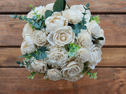 Ivory Sola Wood Flower Wedding Bouquet with Boutonniere. Wood Flower Brides Bouquet and Grooms Boutonniere