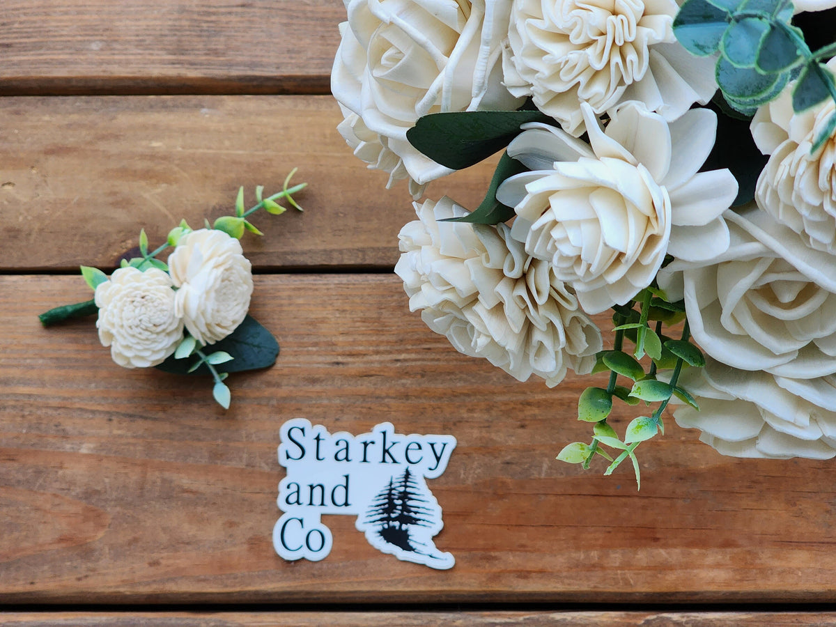 Ivory Sola Wood Flower Wedding Bouquet with Boutonniere. Wood Flower Brides Bouquet and Grooms Boutonniere