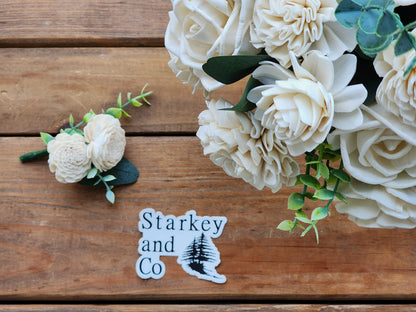 Ivory Sola Wood Flower Wedding Bouquet with Boutonniere. Wood Flower Brides Bouquet and Grooms Boutonniere