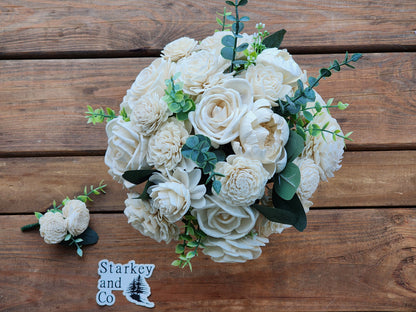Ivory Sola Wood Flower Wedding Bouquet with Boutonniere. Wood Flower Brides Bouquet and Grooms Boutonniere