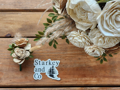Boho Inspired Wood Flower Wedding Bouquet with Boutonniere in Ivory, Tan and Cream. Sola Wood Flower Brides Bouquet and Grooms Boutonniere