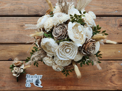 Boho Inspired Wood Flower Wedding Bouquet with Boutonniere in Ivory, Tan and Cream. Sola Wood Flower Brides Bouquet and Grooms Boutonniere