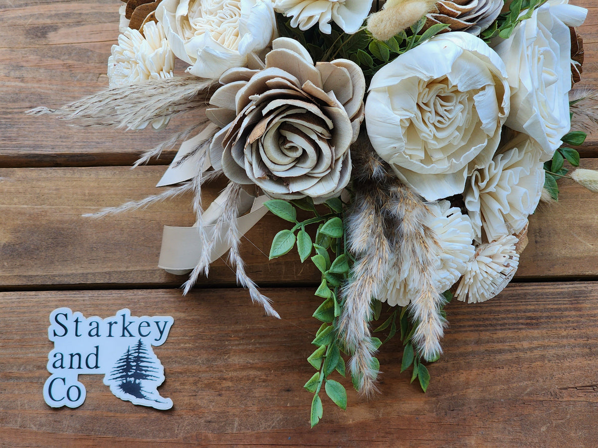 Boho Inspired Wood Flower Wedding Bouquet with Boutonniere in Ivory, Tan and Cream. Sola Wood Flower Brides Bouquet and Grooms Boutonniere