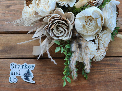 Boho Inspired Wood Flower Wedding Bouquet with Boutonniere in Ivory, Tan and Cream. Sola Wood Flower Brides Bouquet and Grooms Boutonniere