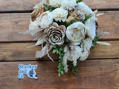 Boho Inspired Wood Flower Wedding Bouquet with Boutonniere in Ivory, Tan and Cream. Sola Wood Flower Brides Bouquet and Grooms Boutonniere