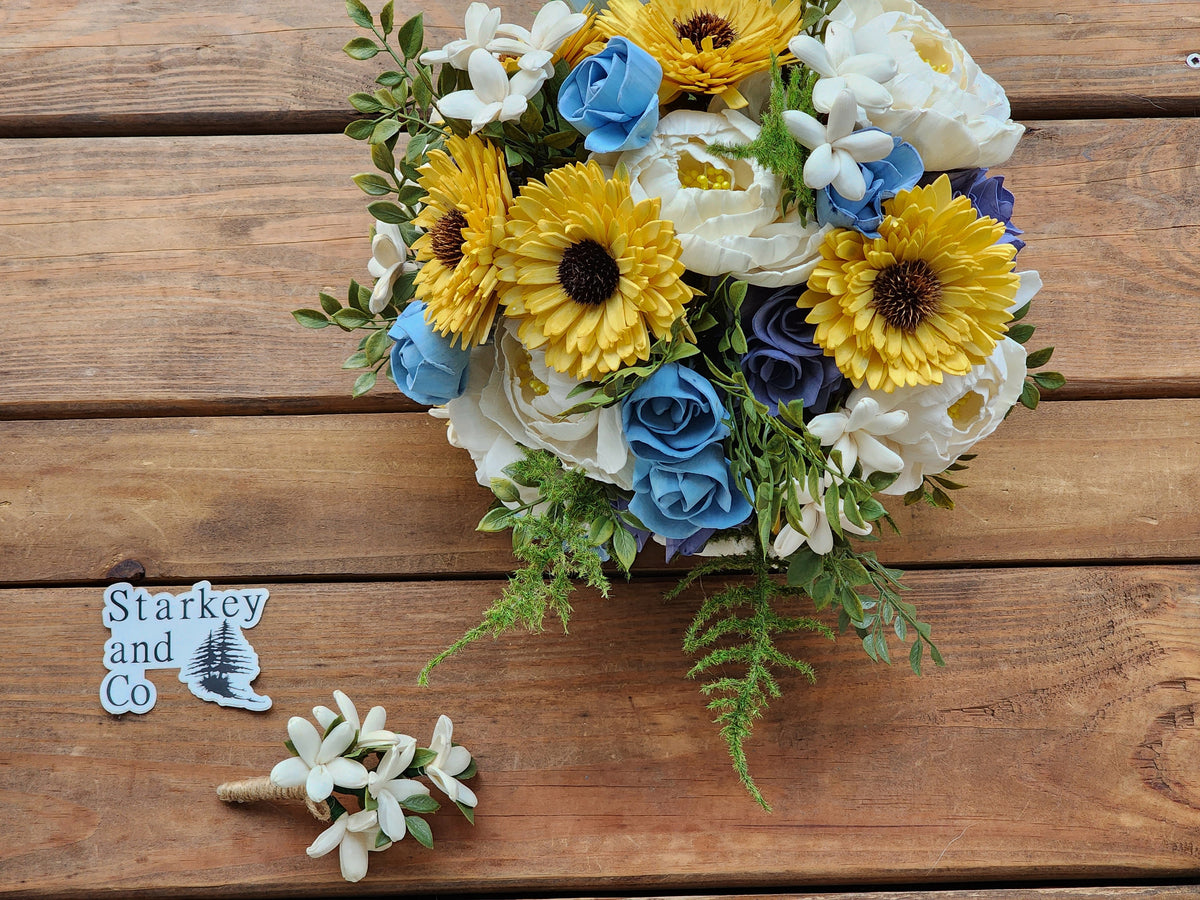 Sola Wood Flower Wedding Bouquet: Ivory, Yellow & Blue with Boutonniere. Sola Wood Flower Brides Bouquet and Grooms Boutonniere