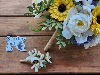Sola Wood Flower Wedding Bouquet: Ivory, Yellow & Blue with Boutonniere. Sola Wood Flower Brides Bouquet and Grooms Boutonniere