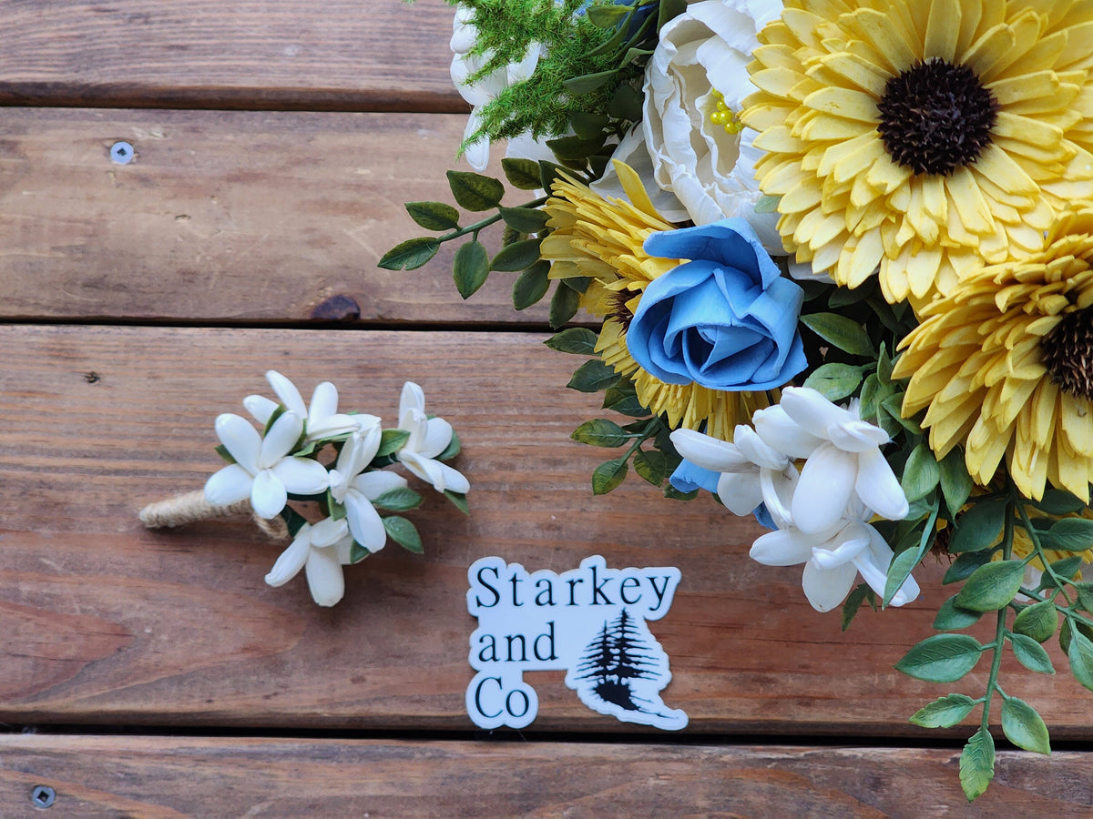 Sola Wood Flower Wedding Bouquet: Ivory, Yellow & Blue with Boutonniere. Sola Wood Flower Brides Bouquet and Grooms Boutonniere
