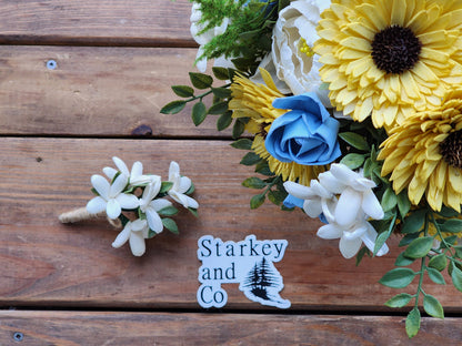 Sola Wood Flower Wedding Bouquet: Ivory, Yellow & Blue with Boutonniere. Sola Wood Flower Brides Bouquet and Grooms Boutonniere