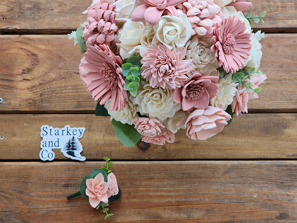 Ivory & Pink Sola Wood Flower Wedding Bouquet with Boutonniere