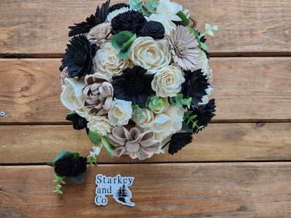 Ivory, Black & Beige Sola Wood Flower Wedding Bouquet with Boutonniere. Sola Wood Flower Brides Bouquet and Grooms Boutonniere