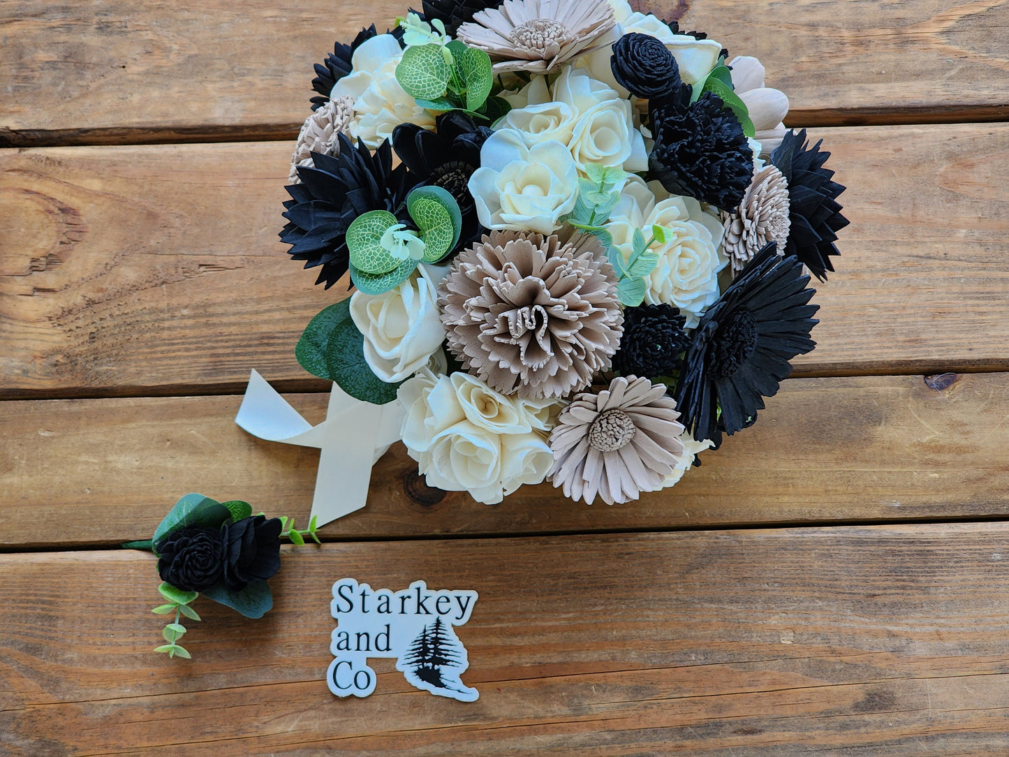Ivory, Black & Beige Sola Wood Flower Wedding Bouquet with Boutonniere. Sola Wood Flower Brides Bouquet and Grooms Boutonniere