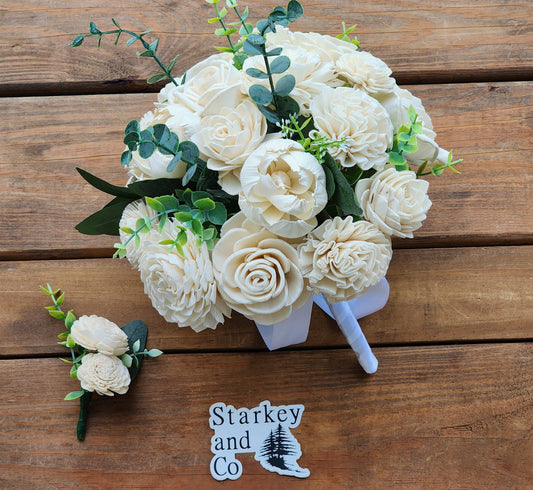 Ivory Sola Wood Flower Wedding Bouquet with Boutonniere. Wood Flower Brides Bouquet and Grooms Boutonniere