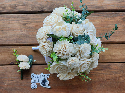 Ivory Sola Wood Flower Wedding Bouquet with Boutonniere. Wood Flower Brides Bouquet and Grooms Boutonniere