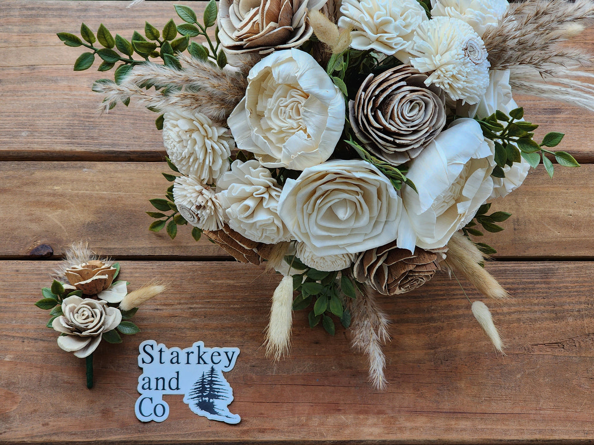 Boho Inspired Wood Flower Wedding Bouquet with Boutonniere in Ivory, Tan and Cream. Sola Wood Flower Brides Bouquet and Grooms Boutonniere