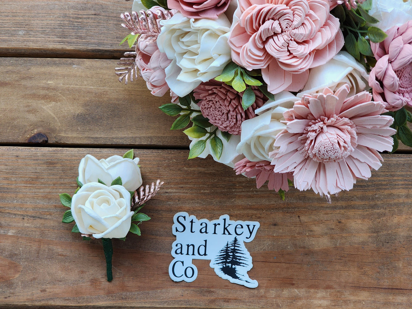 Ivory & Pink Sola Wood Flower Wedding Bouquet with Boutonniere. Sola Wood Flower Brides Bouquet and Grooms Boutonniere